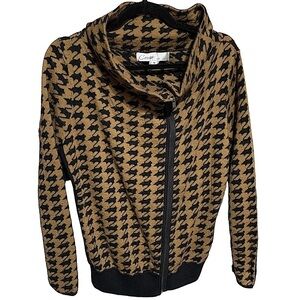 𝅺CURIO New York Black and Tan Houndstooth Zip Front Jacket Size Medium